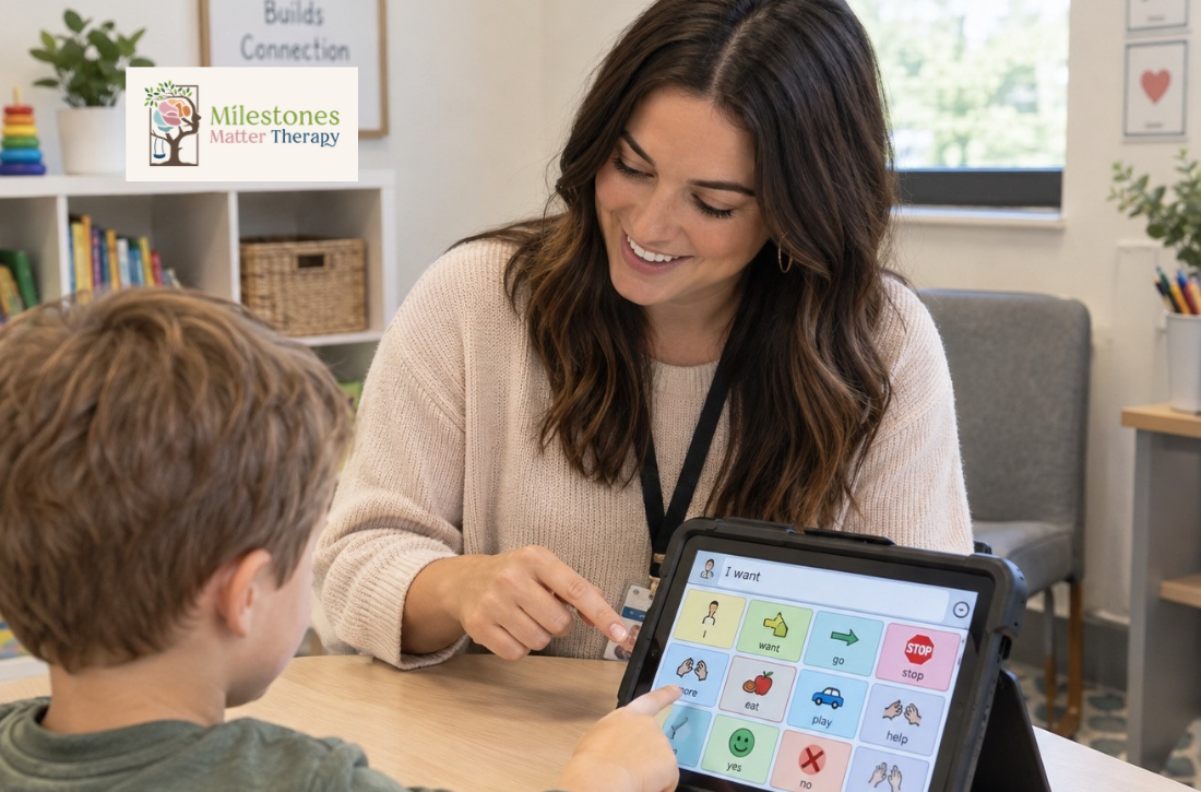 an SLP working with a client in the office with an AAC Device