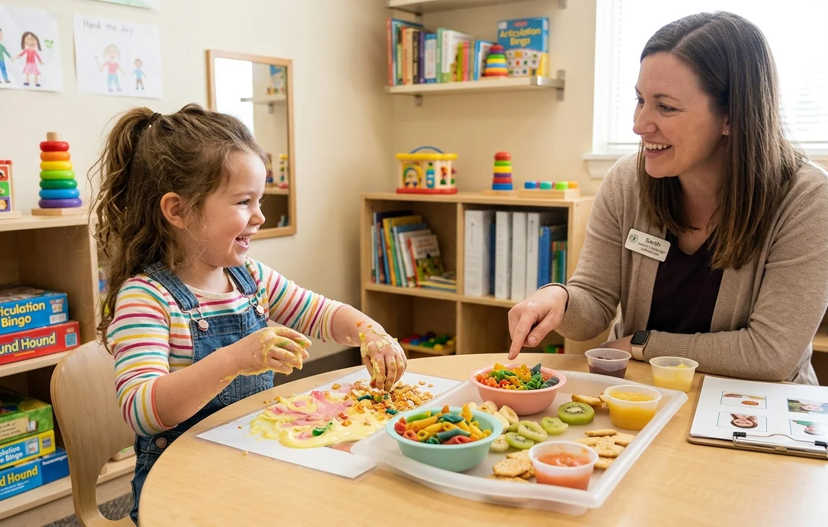 Child playing with food during a gentle, child-led feeding therapy session